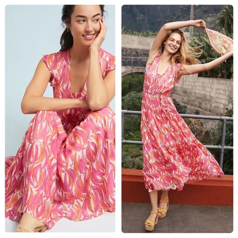 Anthropologie Maeve Banana Grove Maxi Dress flutter sleeve tiered belted flowy 8